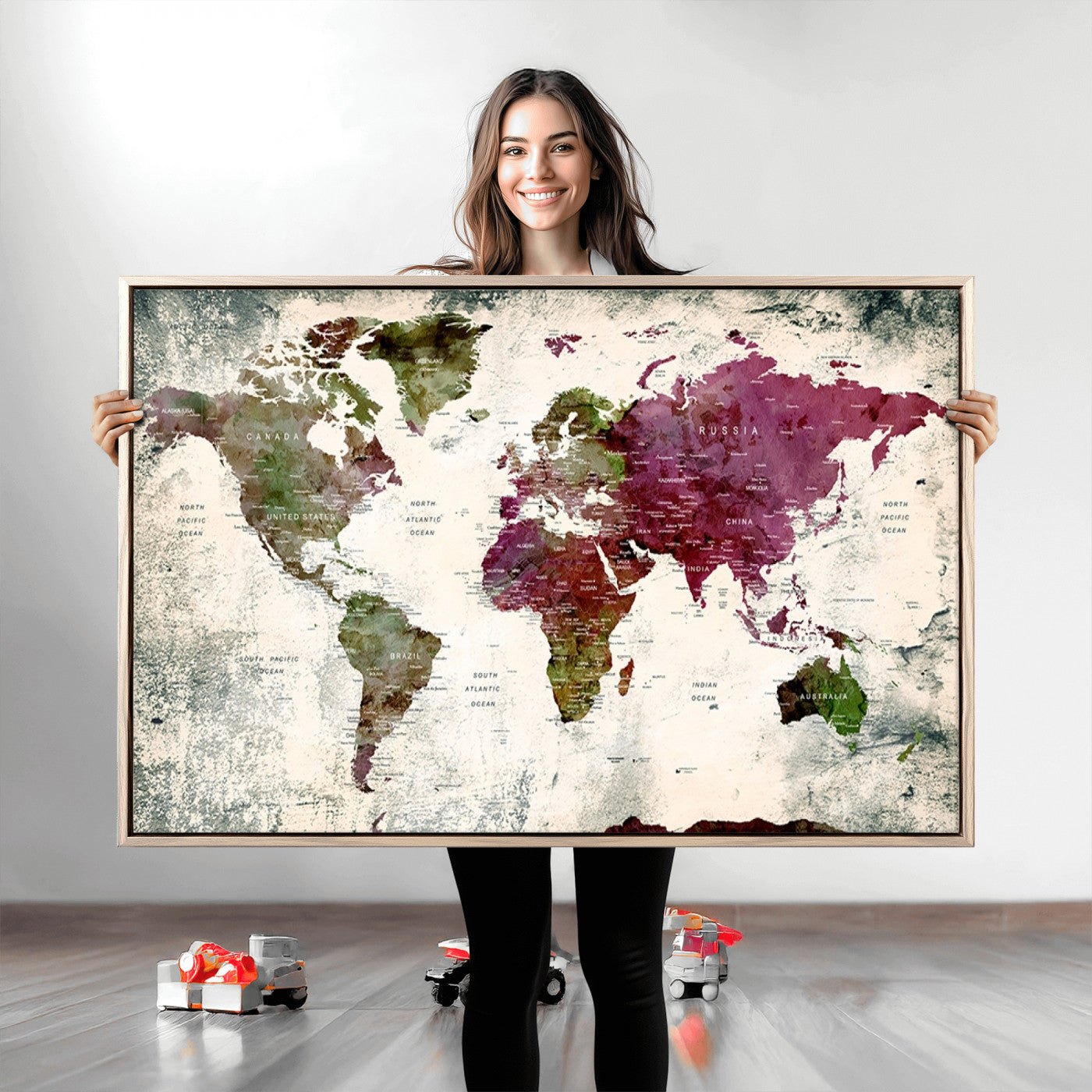 Push Pin World Map Canvas Print – Framed Wall Art for Couples to Track Their Travels – Anniversary Gift or Home Adventure Decor