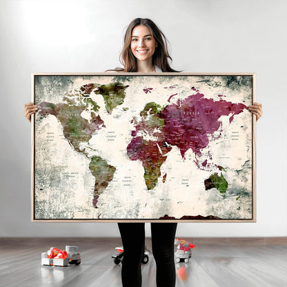 Push Pin World Map Canvas Print – Framed Wall Art for Couples to Track Their Travels – Anniversary Gift or Home Adventure Decor