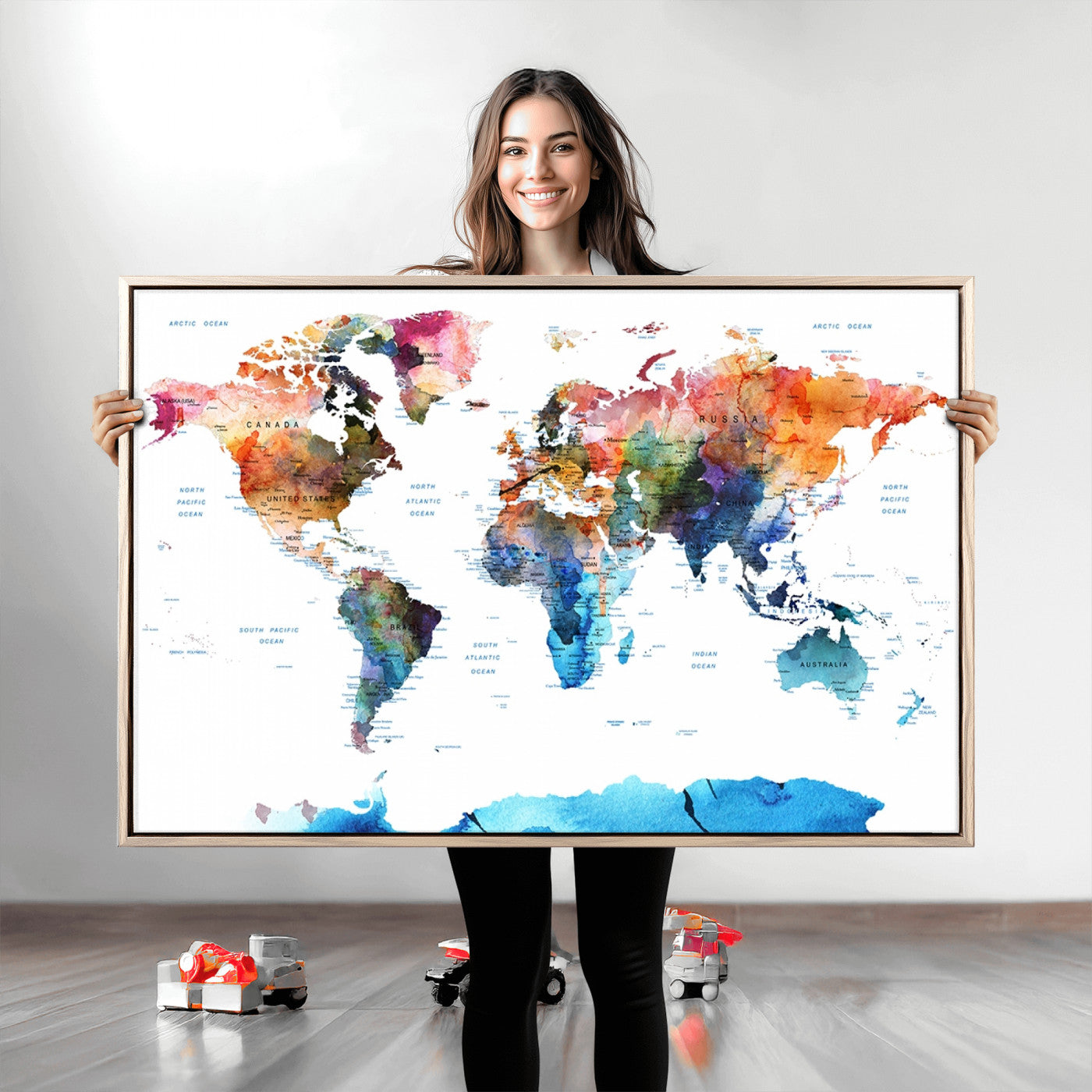 Push Pin World Map Canvas Print – Framed Wall Art for Couples to Track Their Travels – Anniversary Gift or Home Adventure Decor