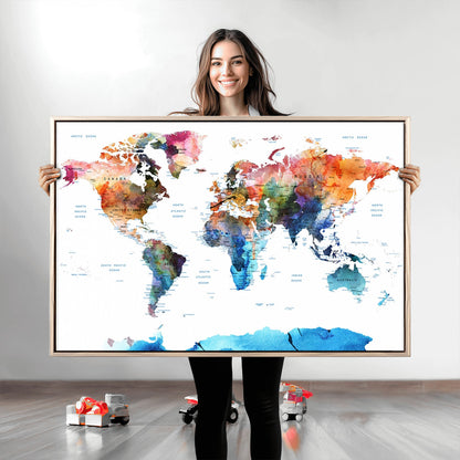 Push Pin World Map Canvas Print – Framed Wall Art for Couples to Track Their Travels – Anniversary Gift or Home Adventure Decor