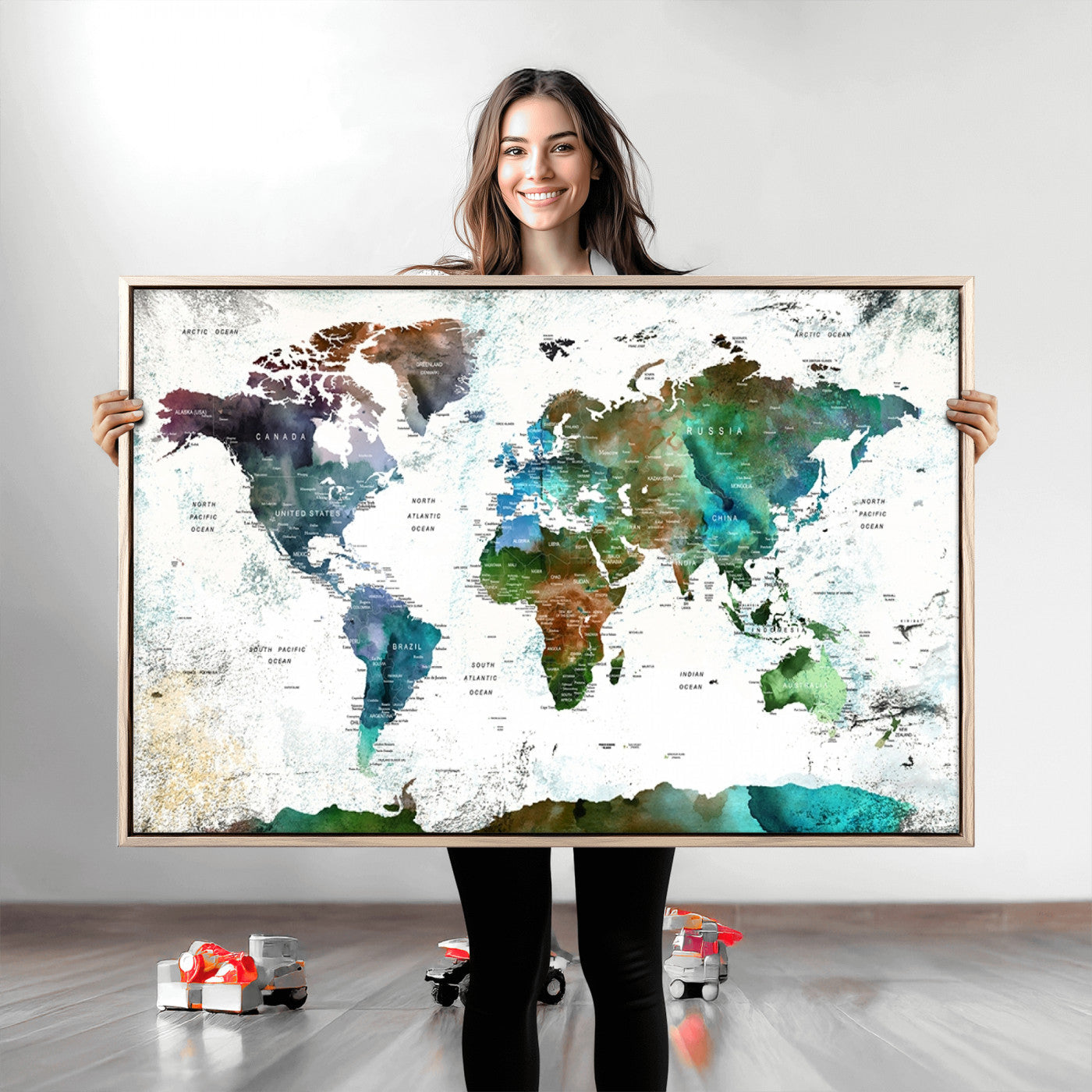 Push Pin World Map Canvas Print – Framed Wall Art for Couples to Track Their Travels – Anniversary Gift or Home Adventure Decor