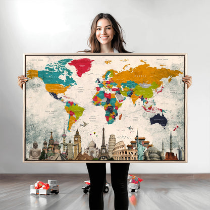 Push Pin World Map Canvas Print – Framed Wall Art for Couples to Track Their Travels – Anniversary Gift or Home Adventure Decor