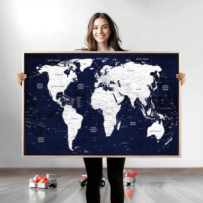 Push Pin World Map Canvas Print – Framed Wall Art for Couples to Track Their Travels – Anniversary Gift or Home Adventure Decor