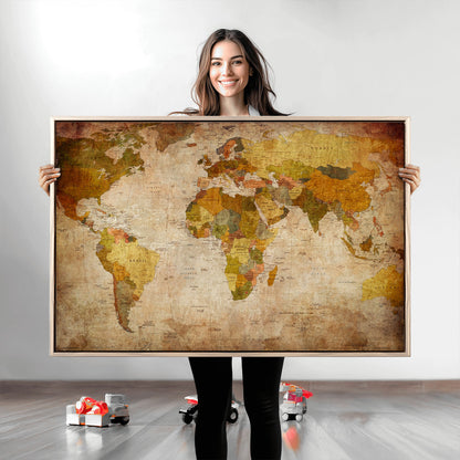Push Pin World Map Canvas Print – Framed Wall Art for Couples to Track Their Travels – Anniversary Gift or Home Adventure Decor