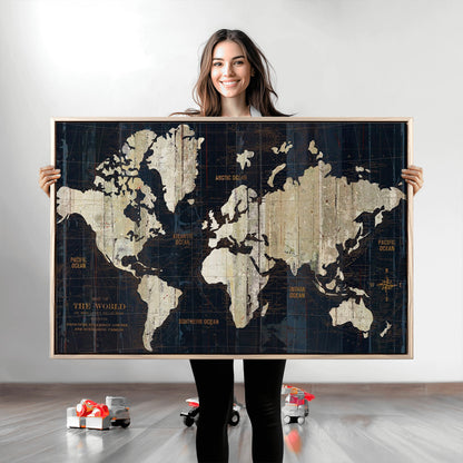 Push Pin World Map Canvas Print – Framed Wall Art for Couples to Track Their Travels – Anniversary Gift or Home Adventure Decor