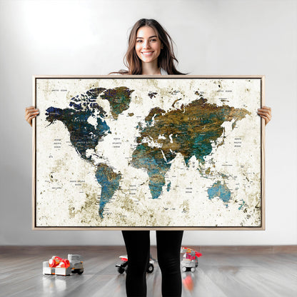 Vintage World Map Wall Art Canvas Print, Framed Rustic Earth Map Art Picture Print, Antique Map Perfect Rustic Vintage Decor Artwork