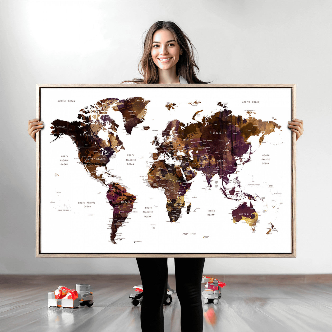 Push Pin World Map Canvas Print – Framed Wall Art for Couples to Track Their Travels – Anniversary Gift or Home Adventure Decor