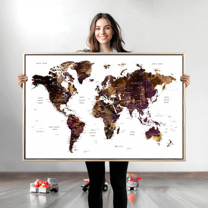Push Pin World Map Canvas Print – Framed Wall Art for Couples to Track Their Travels – Anniversary Gift or Home Adventure Decor