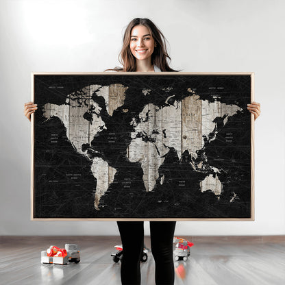 Push Pin World Map Canvas Print – Framed Wall Art for Couples to Track Their Travels – Anniversary Gift or Home Adventure Decor