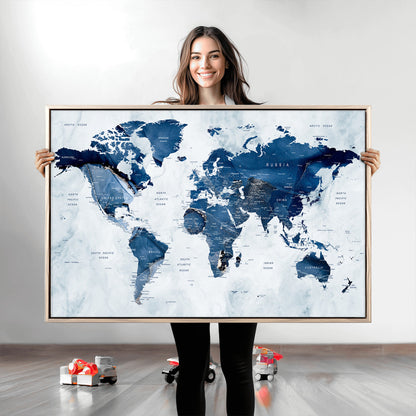 Push Pin World Map Canvas Print – Framed Wall Art for Couples to Track Their Travels – Anniversary Gift or Home Adventure Decor