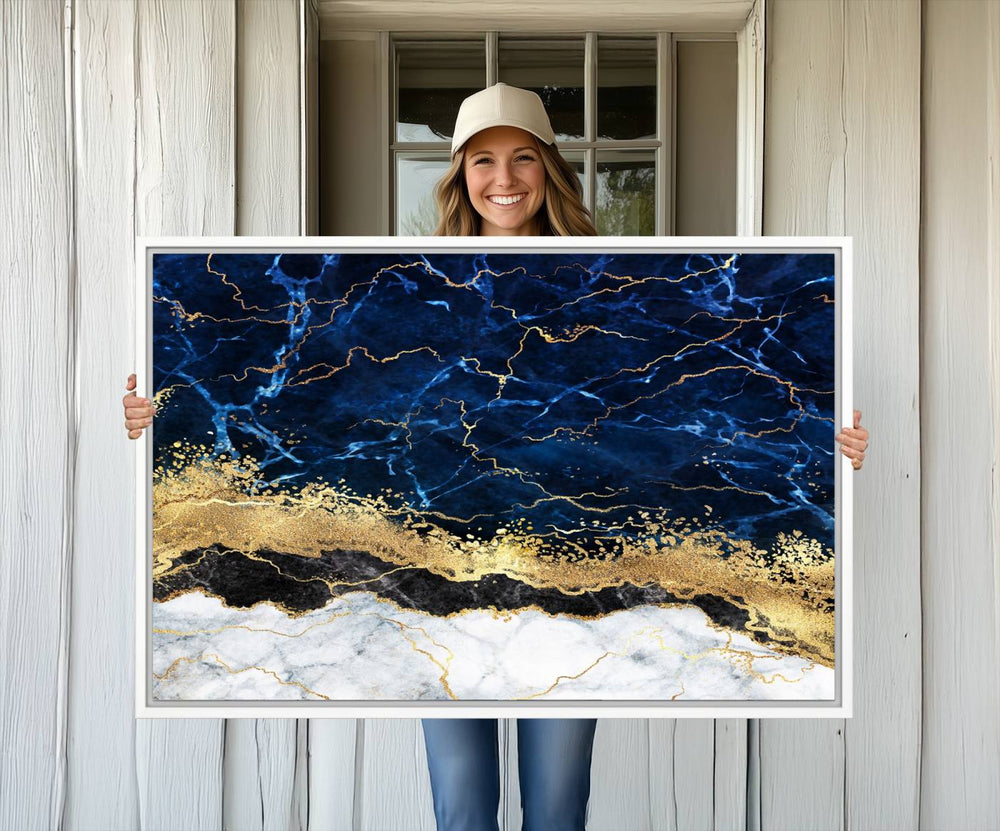Navy Blue Marble Fluid Effect Wall Art Abstract Canvas Wall Art Print