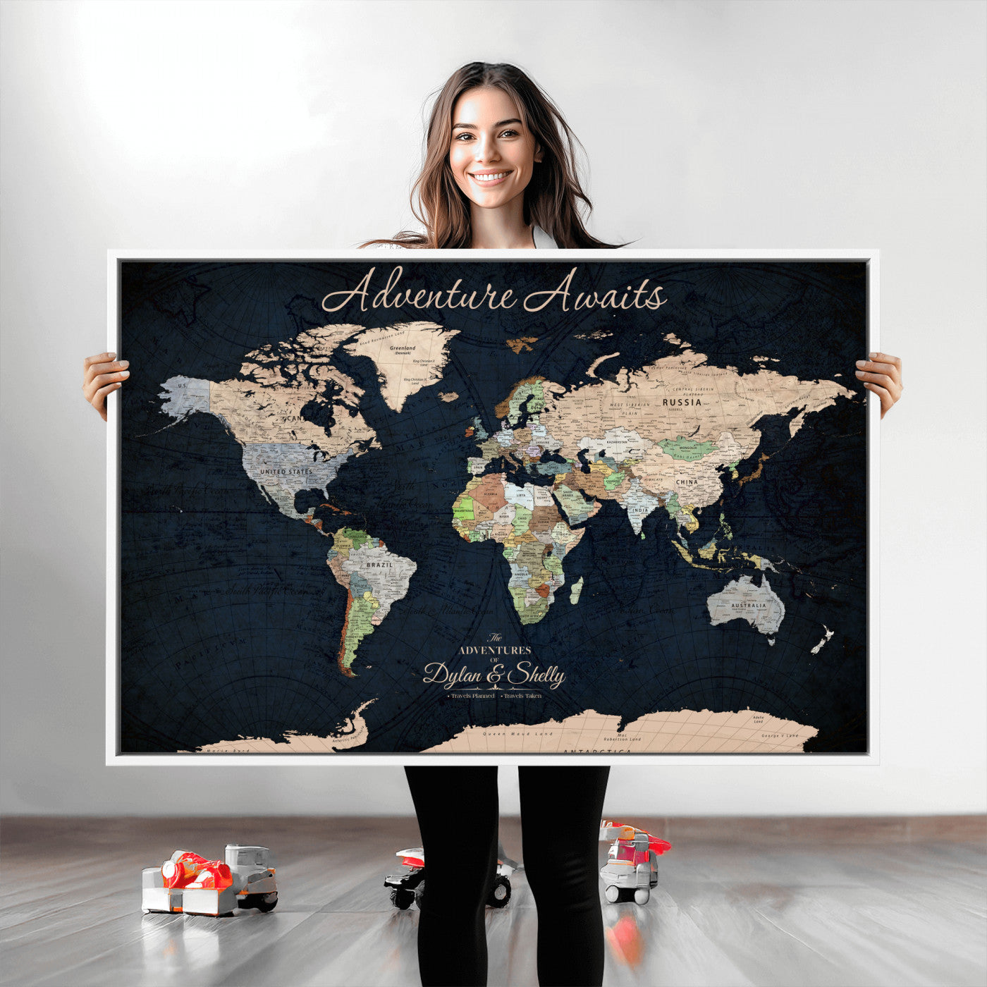 43186793-MGV-CV-30X20-Personalized World Map Print, Customizable Push Pin Framed World Map Print on Canvas - Custom Quote on Map Print