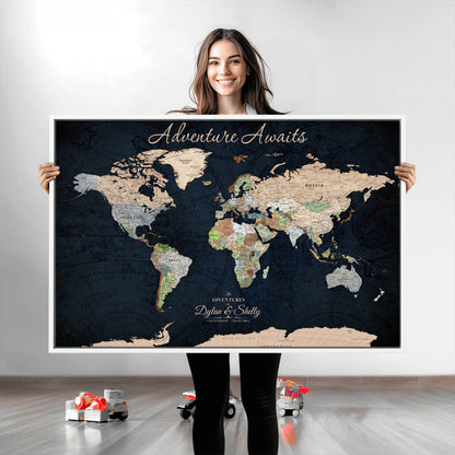 43186793-MGV-CV-30X20-Personalized World Map Print, Customizable Push Pin Framed World Map Print on Canvas - Custom Quote on Map Print