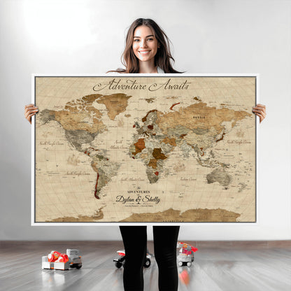 29054239-MGV-CV-36X24-Personalized World Map Print - Customizable Push Pin Framed World Map Print on Canvas - Custom Quote on Map Print