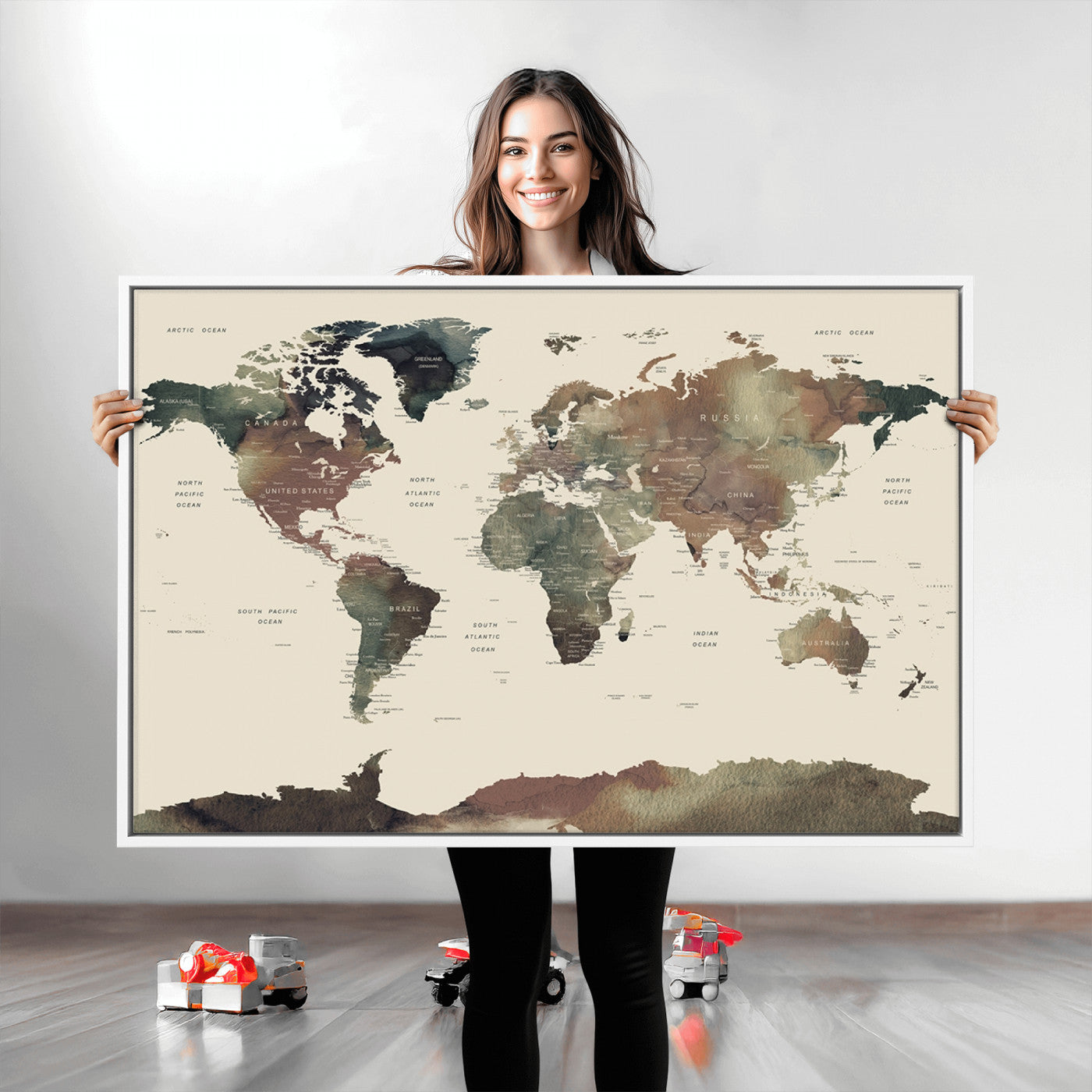 Push Pin World Map Canvas Print – Framed Wall Art for Couples to Track Their Travels – Anniversary Gift or Home Adventure Decor