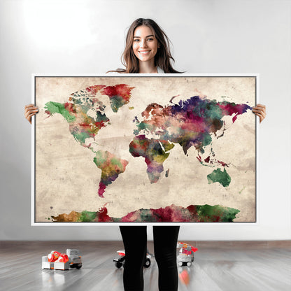 Push Pin World Map Canvas Print – Framed Wall Art for Couples to Track Their Travels – Anniversary Gift or Home Adventure Decor