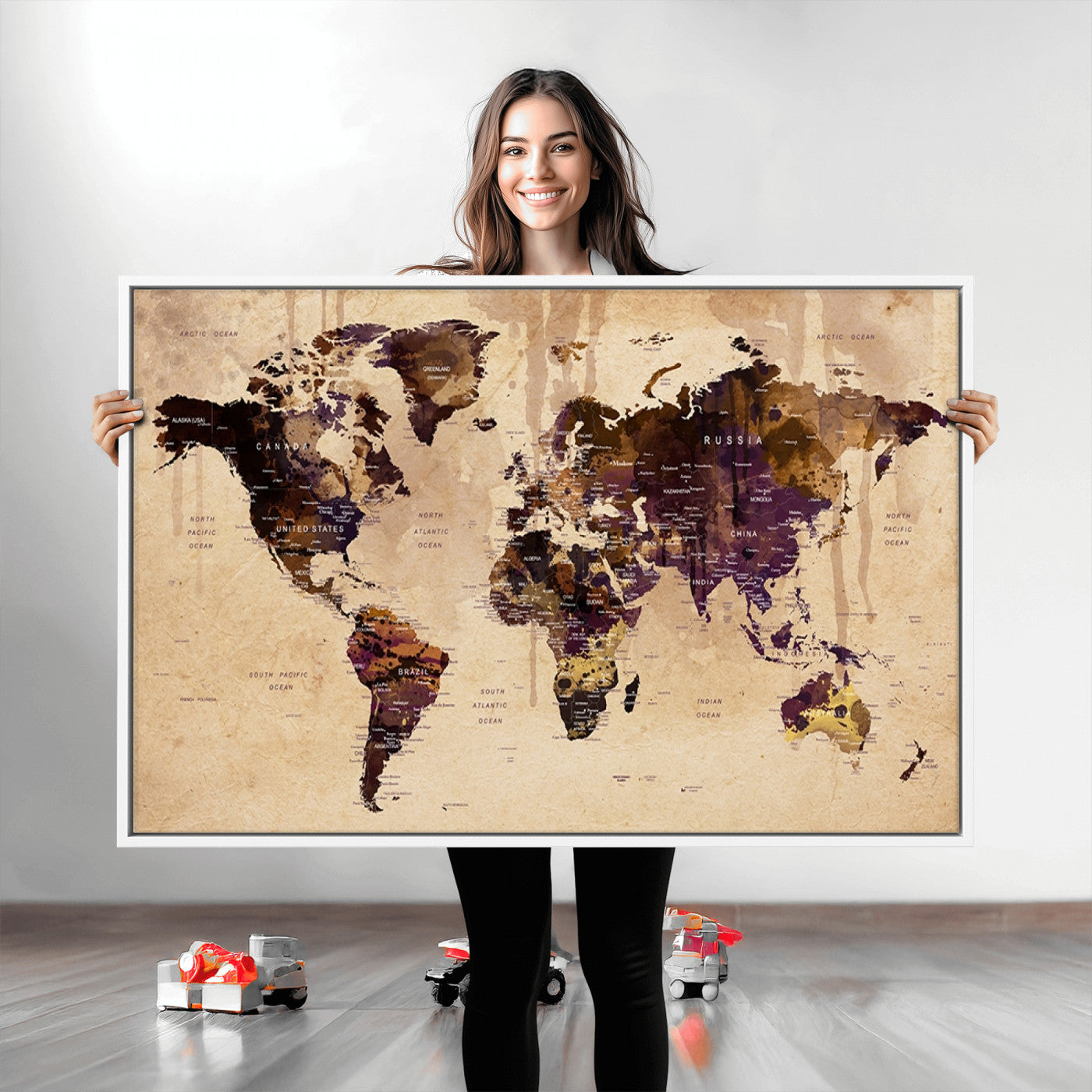 Push Pin World Map Canvas Print – Framed Wall Art for Couples to Track Their Travels – Anniversary Gift or Home Adventure Decor