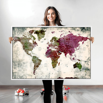 Push Pin World Map Canvas Print – Framed Wall Art for Couples to Track Their Travels – Anniversary Gift or Home Adventure Decor