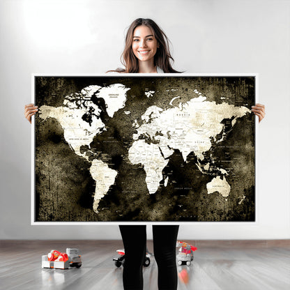 66737-MGV-CV-36X24-Push Pin World Map Canvas Print – Framed Wall Art for Couples to Track Their Travels – Anniversary Gift or Home Adventure Decor
