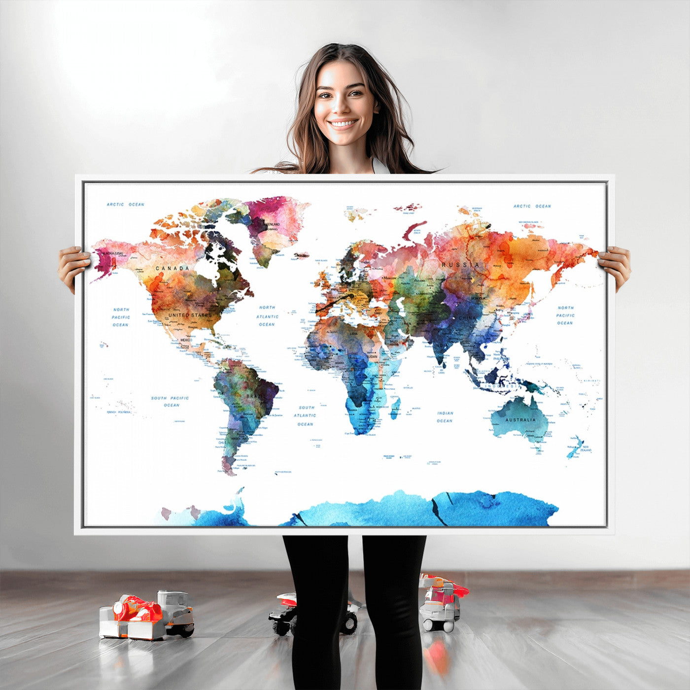 Push Pin World Map Canvas Print – Framed Wall Art for Couples to Track Their Travels – Anniversary Gift or Home Adventure Decor