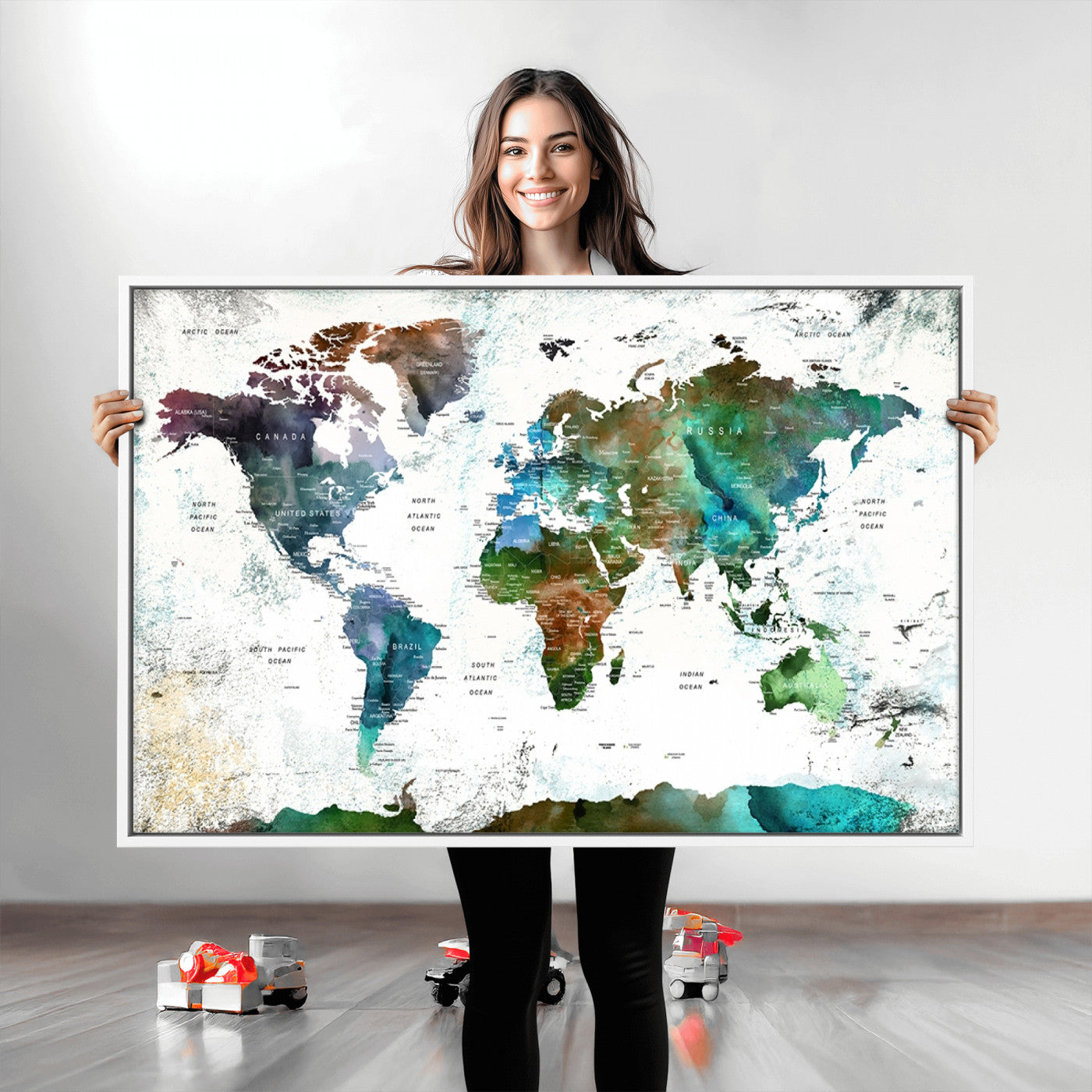 Push Pin World Map Canvas Print – Framed Wall Art for Couples to Track Their Travels – Anniversary Gift or Home Adventure Decor