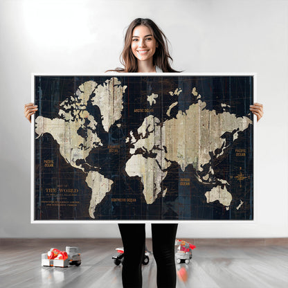 Push Pin World Map Canvas Print – Framed Wall Art for Couples to Track Their Travels – Anniversary Gift or Home Adventure Decor
