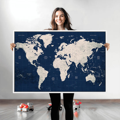 Push Pin World Map Canvas Print – Framed Wall Art for Couples to Track Their Travels – Anniversary Gift or Home Adventure Decor