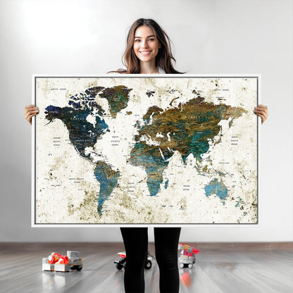 Vintage World Map Wall Art Canvas Print, Framed Rustic Earth Map Art Picture Print, Antique Map Perfect Rustic Vintage Decor Artwork