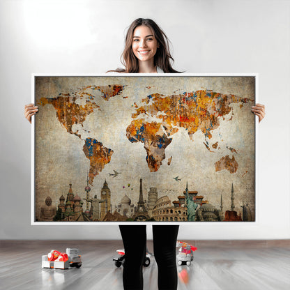 Push Pin World Map Canvas Print – Framed Wall Art for Couples to Track Their Travels – Anniversary Gift or Home Adventure Decor