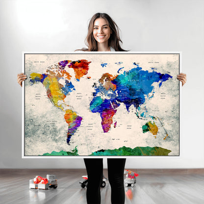 Push Pin World Map Canvas Print – Framed Wall Art for Couples to Track Their Travels – Anniversary Gift or Home Adventure Decor