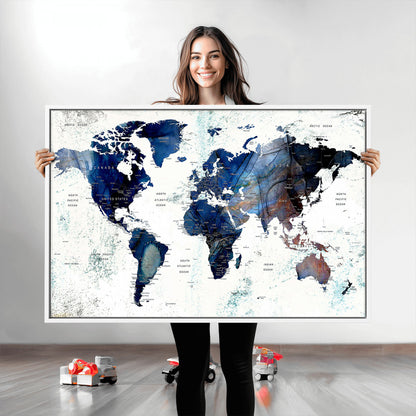 Push Pin World Map Canvas Print – Framed Wall Art for Couples to Track Their Travels – Anniversary Gift or Home Adventure Decor