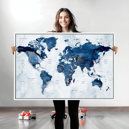 Push Pin World Map Canvas Print – Framed Wall Art for Couples to Track Their Travels – Anniversary Gift or Home Adventure Decor