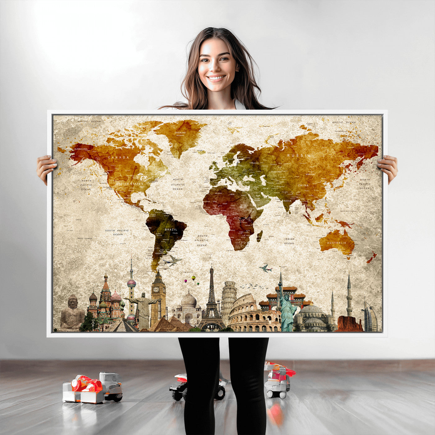 Push Pin World Map Canvas Print – Framed Wall Art for Couples to Track Their Travels – Anniversary Gift or Home Adventure Decor