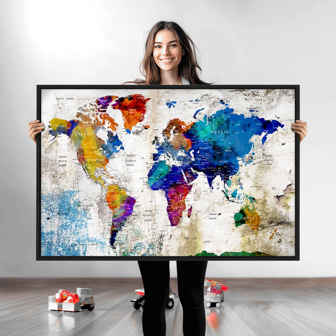 Push Pin World Map Canvas Print – Framed Wall Art for Couples to Track Their Travels – Anniversary Gift or Home Adventure Decor
