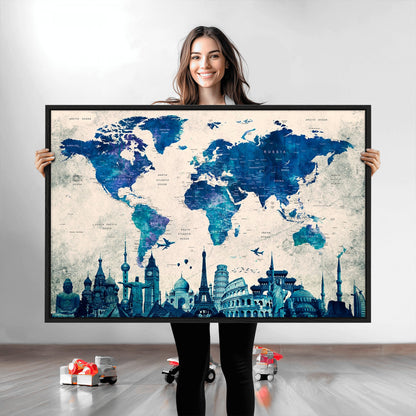 Navy Blue World Map Canvas Print, Wonder of World Map Push Pin Canvas Print