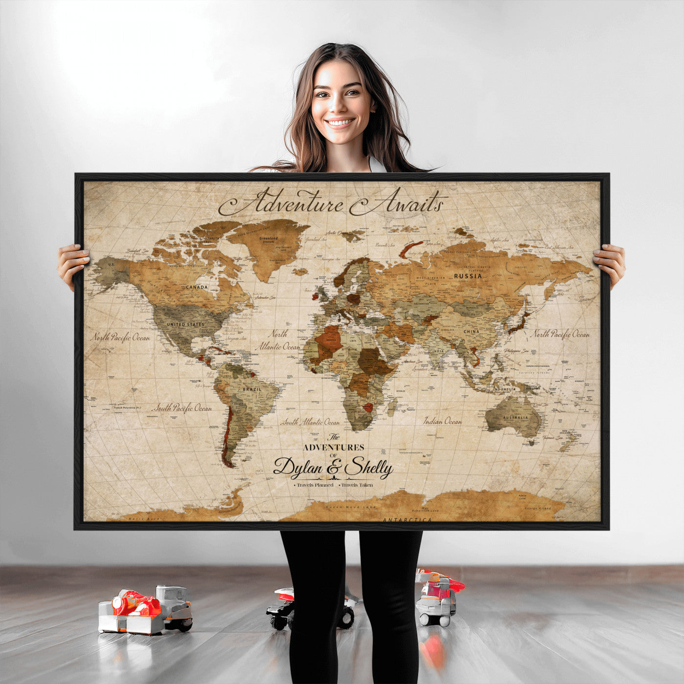 20810820-MGV-CV-30X20-Personalized World Map Print, Customizable Push Pin Framed World Map Print on Canvas - Custom Quote on Map Print