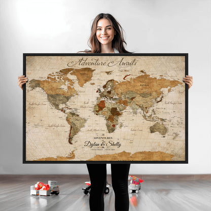 20810820-MGV-CV-30X20-Personalized World Map Print, Customizable Push Pin Framed World Map Print on Canvas - Custom Quote on Map Print