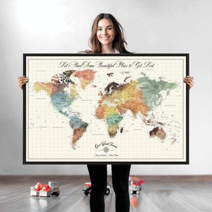 29289638-MGV-CV-36X24-Personalized World Map Print - Customizable Push Pin Framed World Map Print on Canvas - Custom Quote on Map Print
