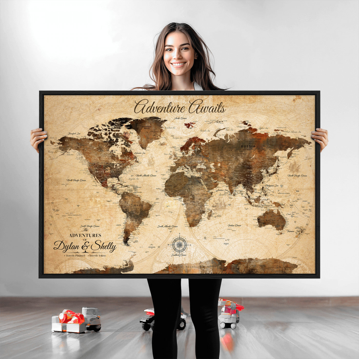 66357947-MGV-CV-36X24-Personalized World Map Print, Customizable Push Pin Framed World Map Print on Canvas - Custom Quote on Map Print