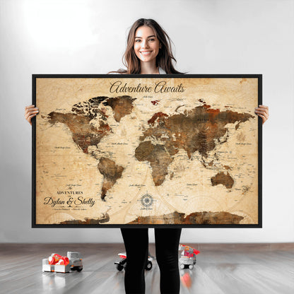 66357947-MGV-CV-36X24-Personalized World Map Print, Customizable Push Pin Framed World Map Print on Canvas - Custom Quote on Map Print