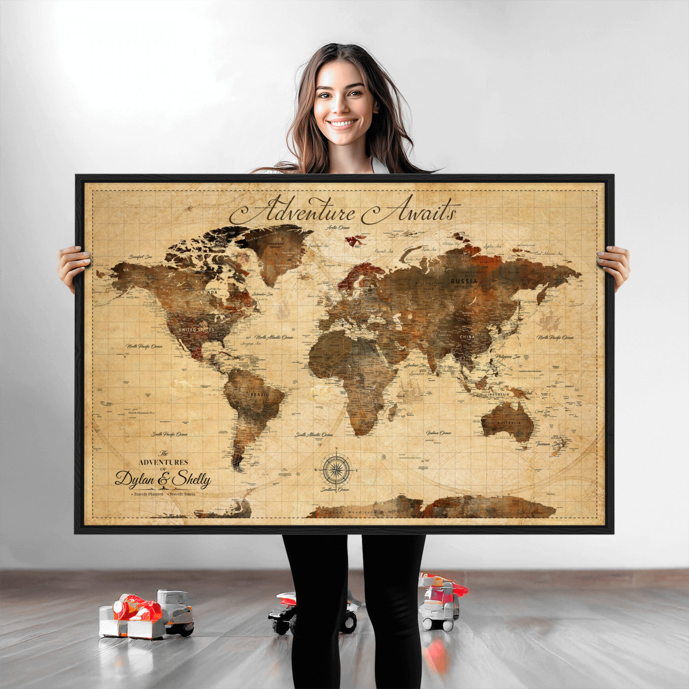 57497711-MGV-CV-36X24-Personalized World Map Canvas Print - Customizable Push Pin Framed World Map Print on Canvas - Custom Quote on Map Print