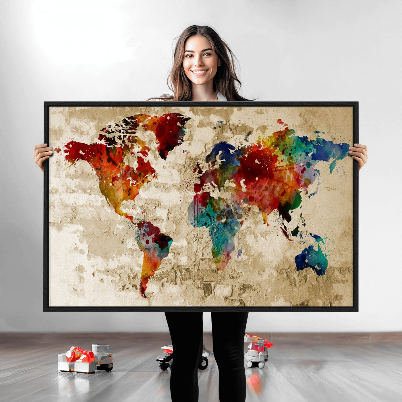 Push Pin World Map Canvas Print – Framed Wall Art for Couples to Track Their Travels – Anniversary Gift or Home Adventure Decor