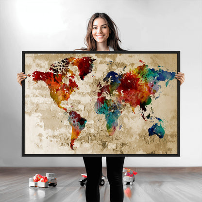 Push Pin World Map Canvas Print – Framed Wall Art for Couples to Track Their Travels – Anniversary Gift or Home Adventure Decor