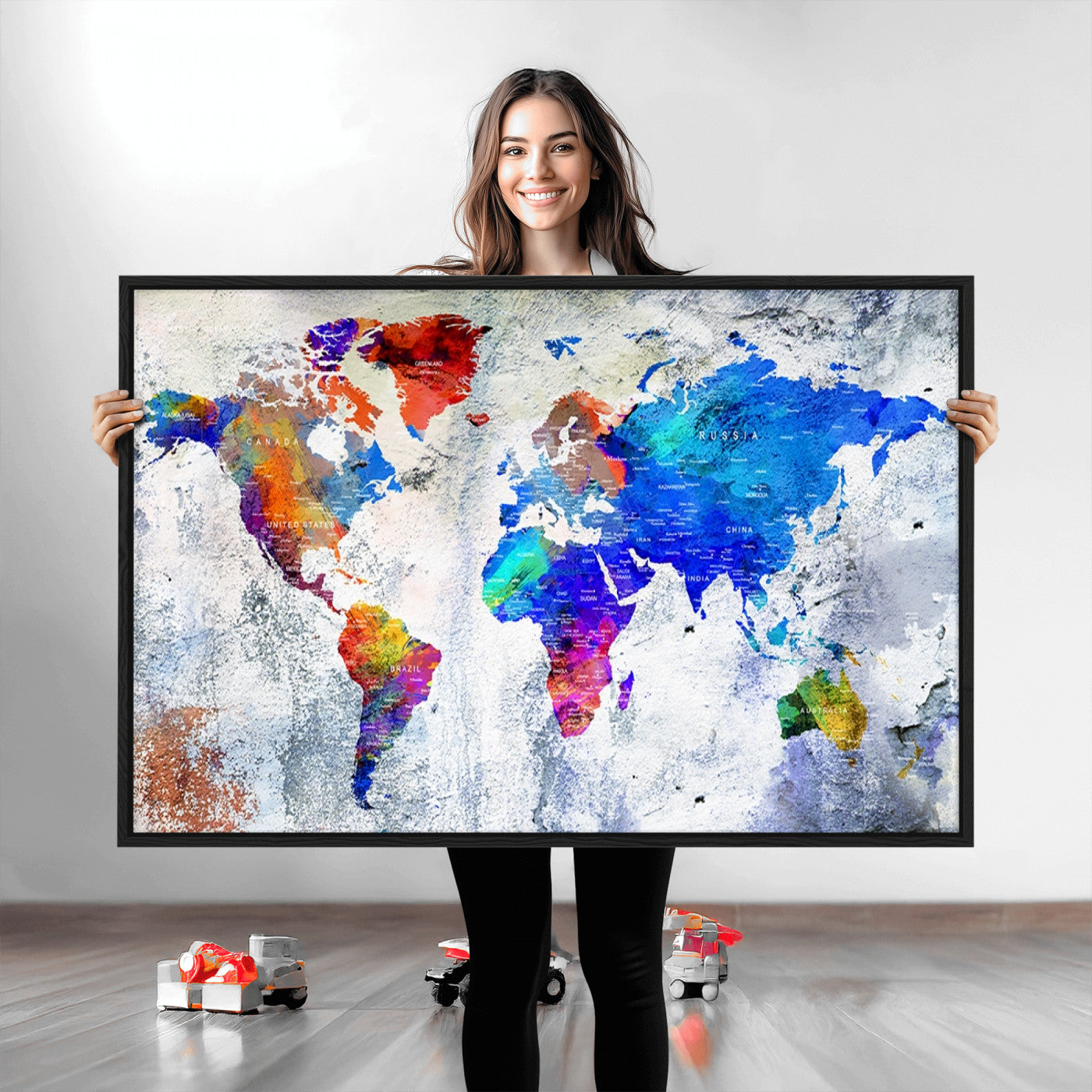 Push Pin World Map Canvas Print – Framed Wall Art for Couples to Track Their Travels – Anniversary Gift or Home Adventure Decor
