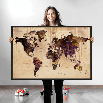 Push Pin World Map Canvas Print – Framed Wall Art for Couples to Track Their Travels – Anniversary Gift or Home Adventure Decor