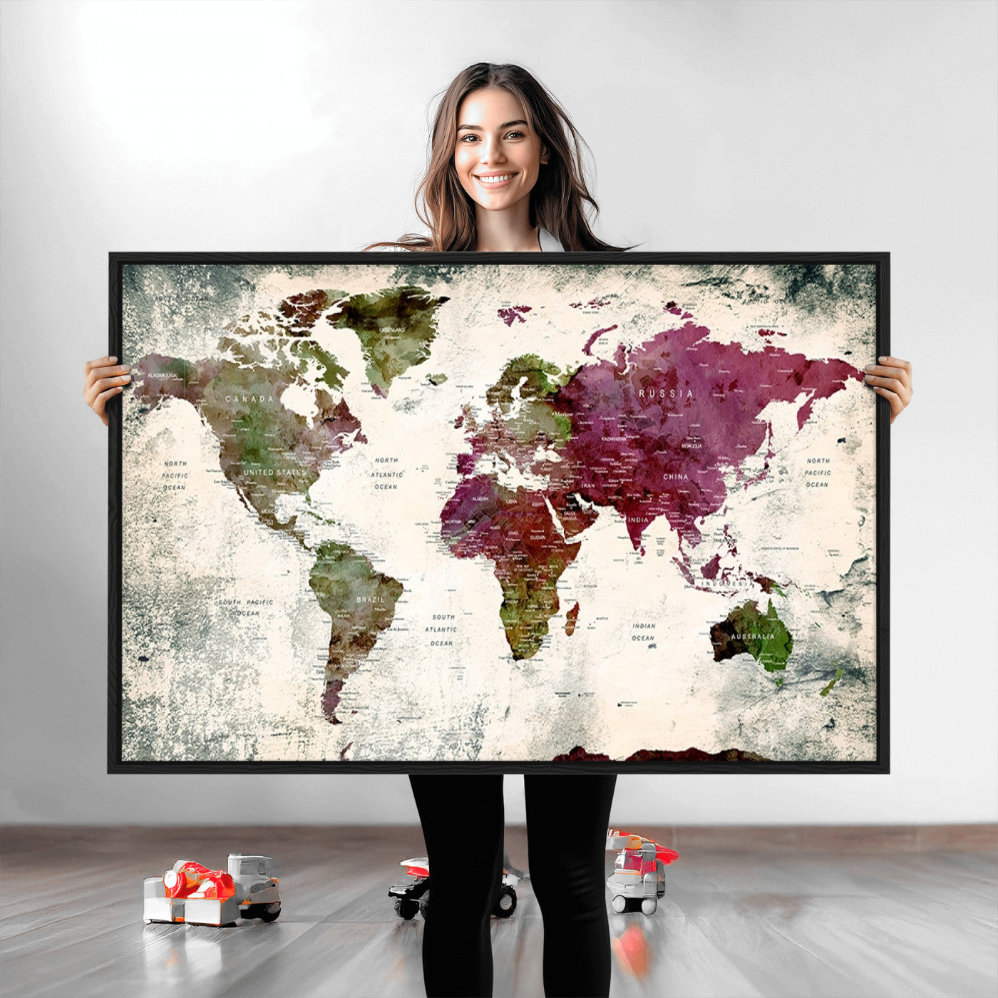 Push Pin World Map Canvas Print – Framed Wall Art for Couples to Track Their Travels – Anniversary Gift or Home Adventure Decor