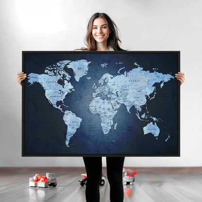 Push Pin World Map Canvas Print – Framed Wall Art for Couples to Track Their Travels – Anniversary Gift or Home Adventure Decor