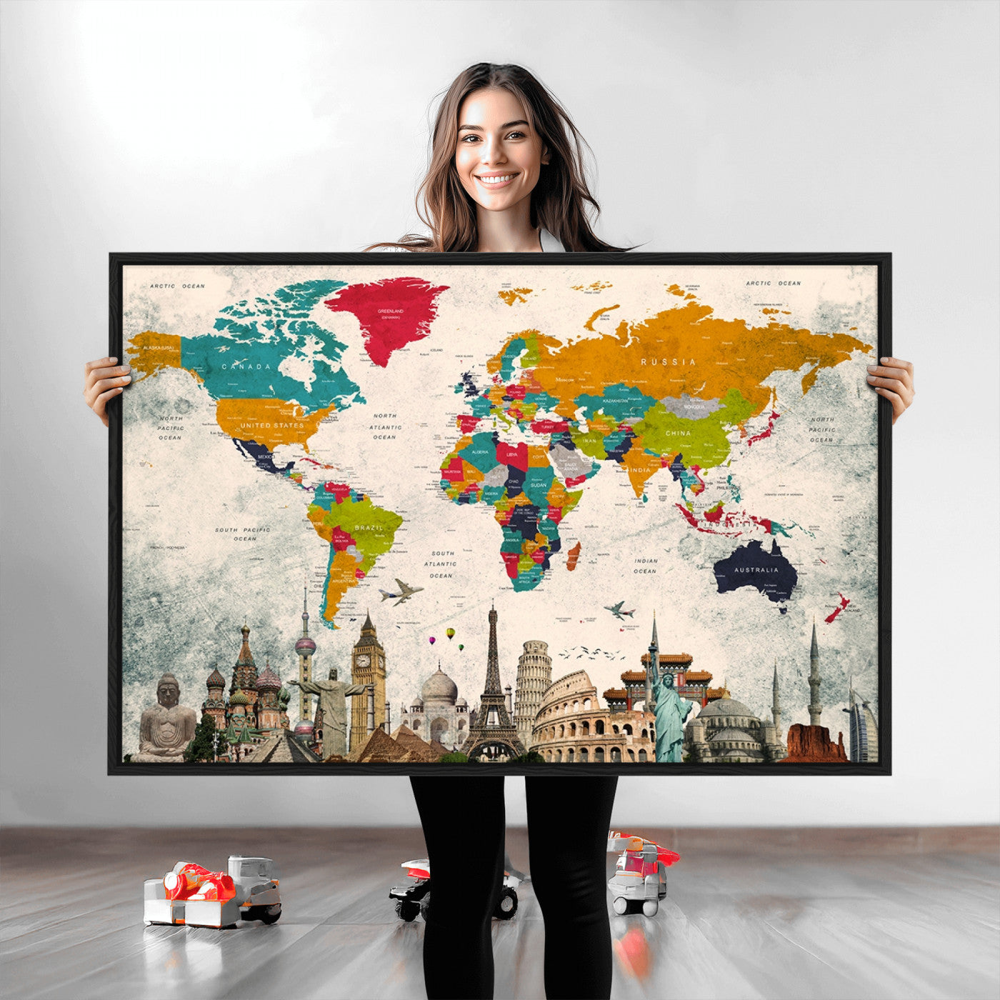 Push Pin World Map Canvas Print – Framed Wall Art for Couples to Track Their Travels – Anniversary Gift or Home Adventure Decor