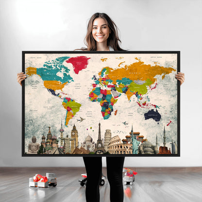 Push Pin World Map Canvas Print – Framed Wall Art for Couples to Track Their Travels – Anniversary Gift or Home Adventure Decor
