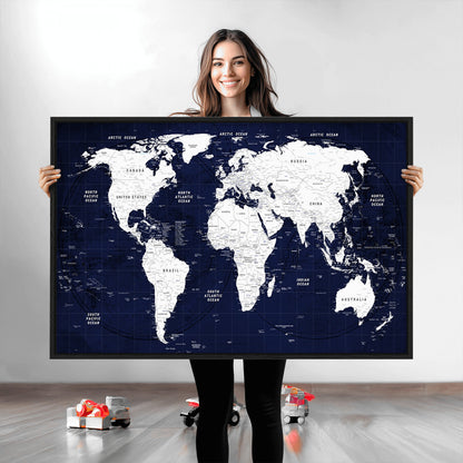Push Pin World Map Canvas Print – Framed Wall Art for Couples to Track Their Travels – Anniversary Gift or Home Adventure Decor